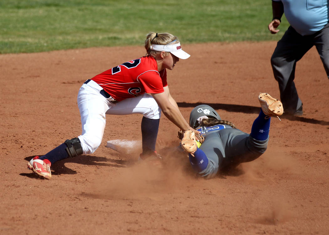 Coronado shortstop Paige Sinicki (12) tags out Basic baserunner Mikayla Berg (15) during their ...