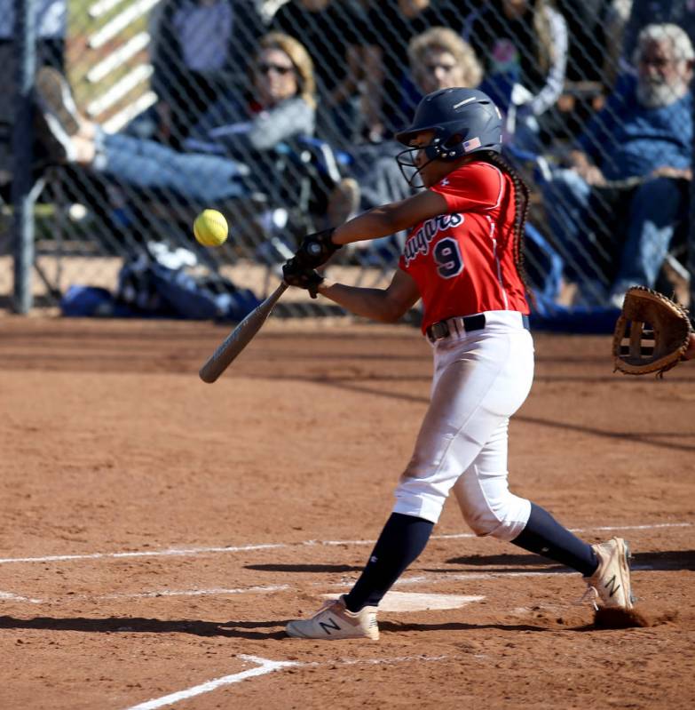 Coronado's Kaila Angel (9) hits against Basic in the third inning during their softball game at ...