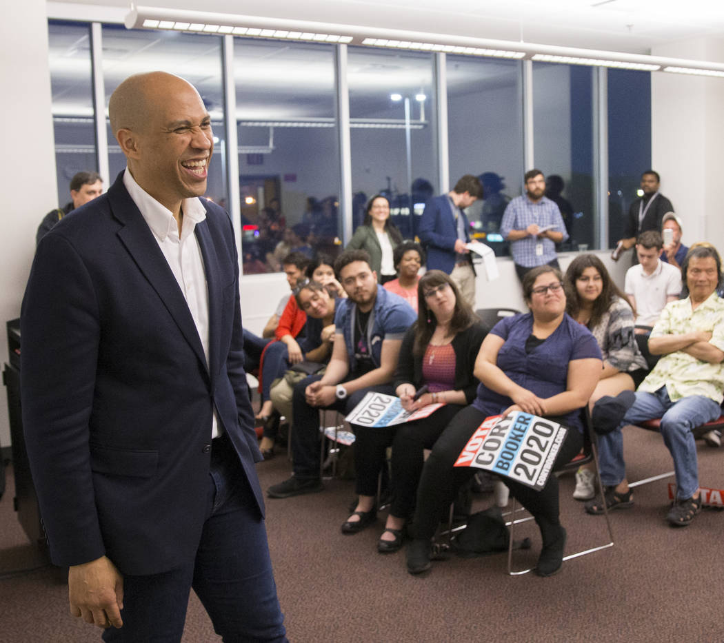 Democratic presidential candidate Sen. Cory Booker, D-N.J., speaks to the Young Democrats of UN ...