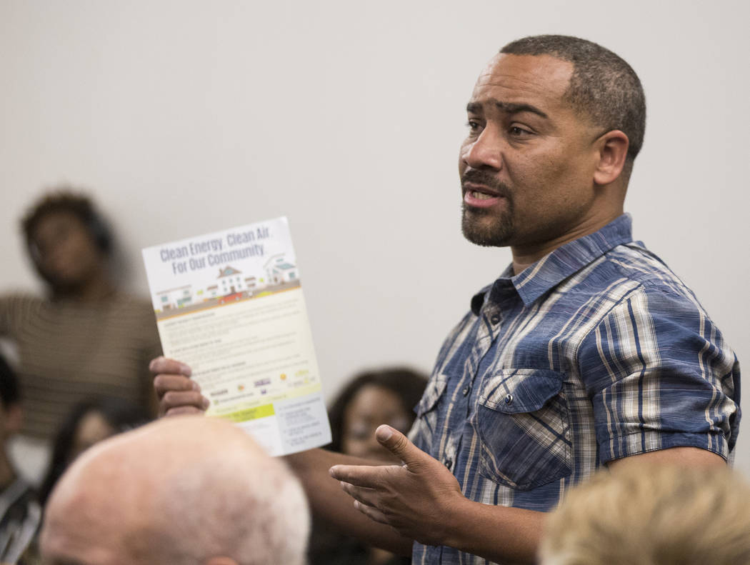 Andre Henderson addresses Democratic presidential candidate Sen. Cory Booker, D-N.J., (out of f ...