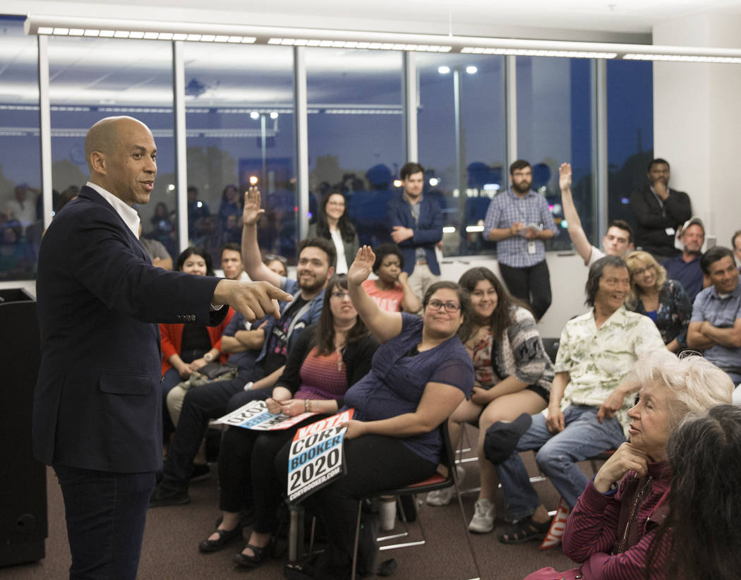 Democratic presidential candidate Sen. Cory Booker, D-N.J., speaks to the Young Democrats of UN ...