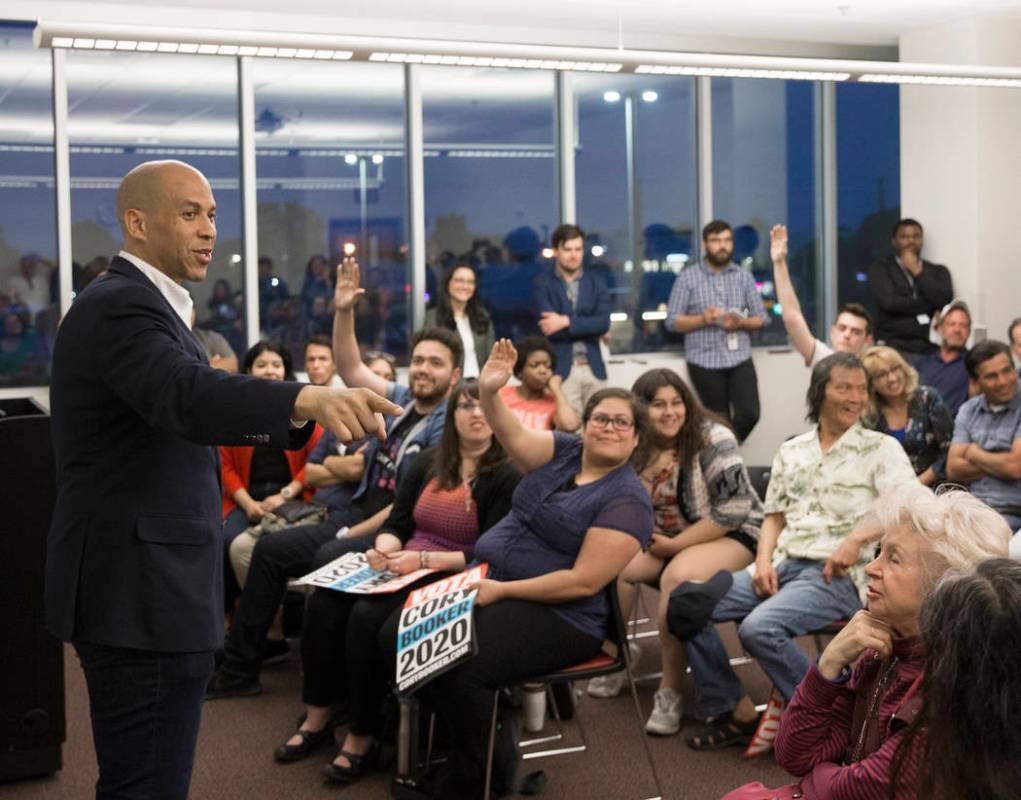 Democratic presidential candidate Sen. Cory Booker, D-N.J., speaks to the Young Democrats of UN ...