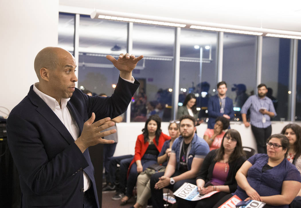 Democratic presidential candidate Sen. Cory Booker, D-N.J., speaks to the Young Democrats of UN ...