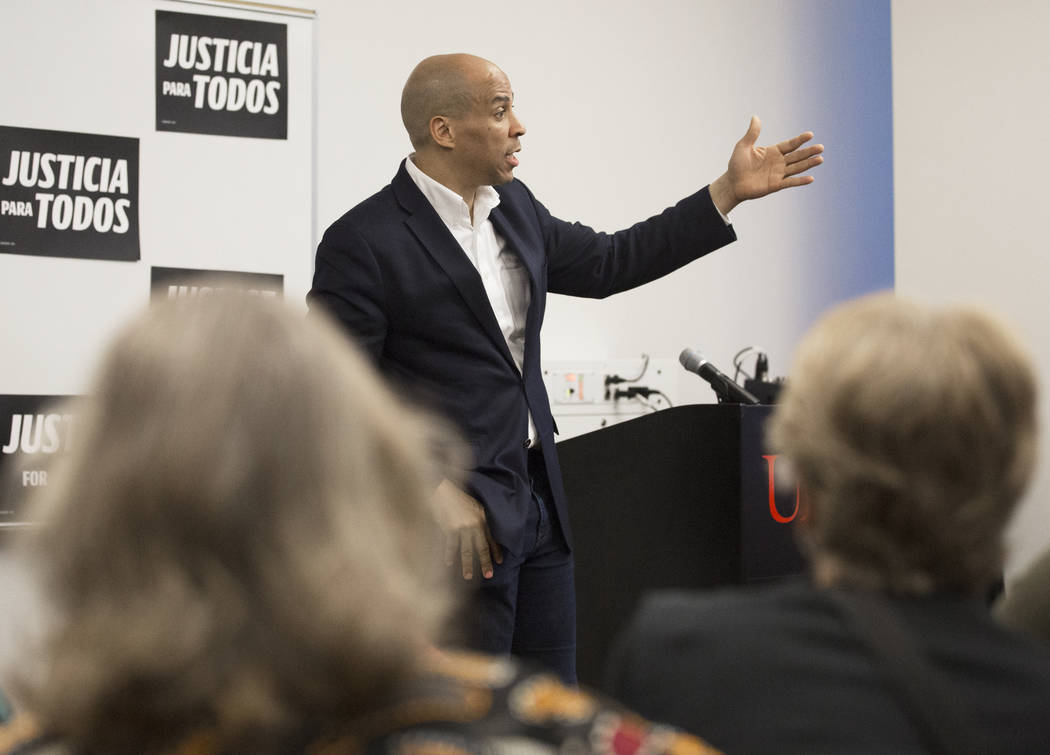 Democratic presidential candidate Sen. Cory Booker, D-N.J., speaks to the Young Democrats of UN ...