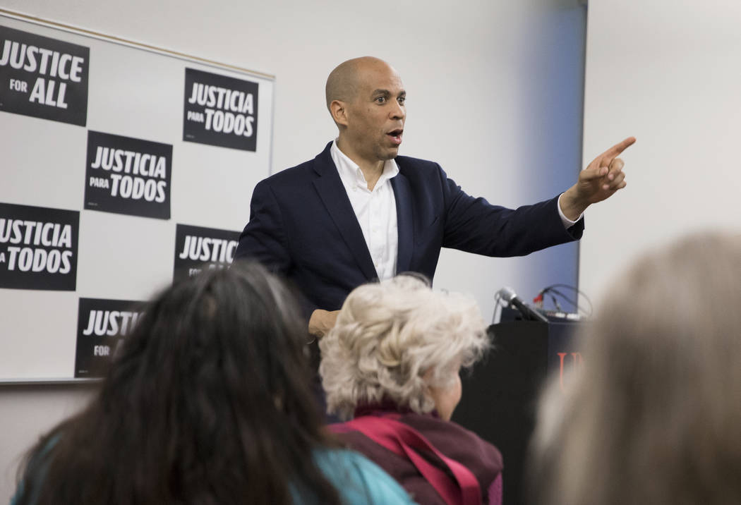 Democratic presidential candidate Sen. Cory Booker, D-N.J., speaks to the Young Democrats of UN ...