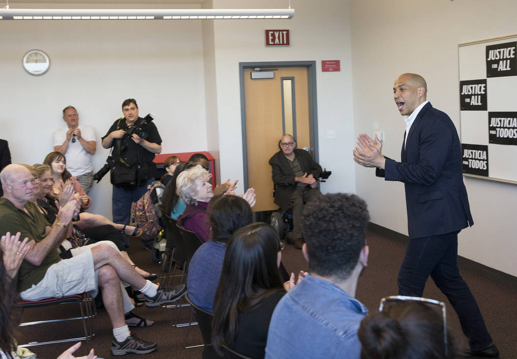 Democratic presidential candidate Sen. Cory Booker, D-N.J., speaks to the Young Democrats of UN ...