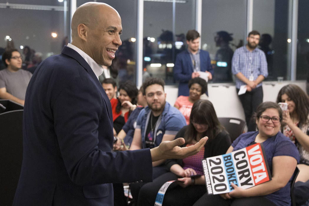 Democratic presidential candidate Sen. Cory Booker, D-N.J., speaks to the Young Democrats of UN ...