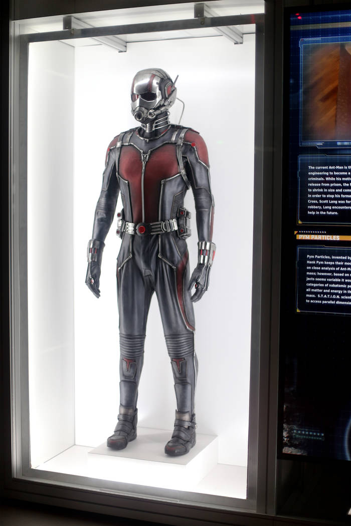 The original Ant-Man costume from the 2015 Ant-Man film at the Avengers S.T.A.T.I.O.N interacti ...