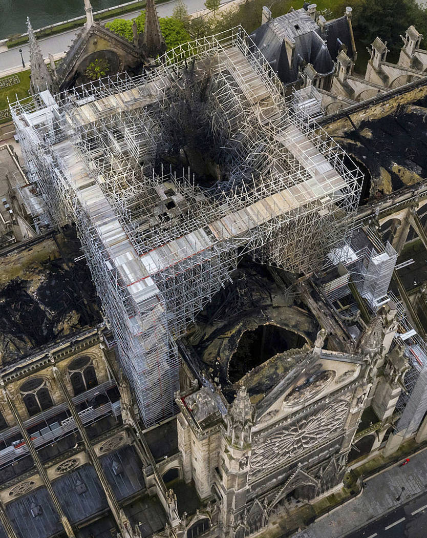 An aerial shot on Wednesday April 17, 2019, shows the fire damage to Notre Dame Cathedral in Pa ...