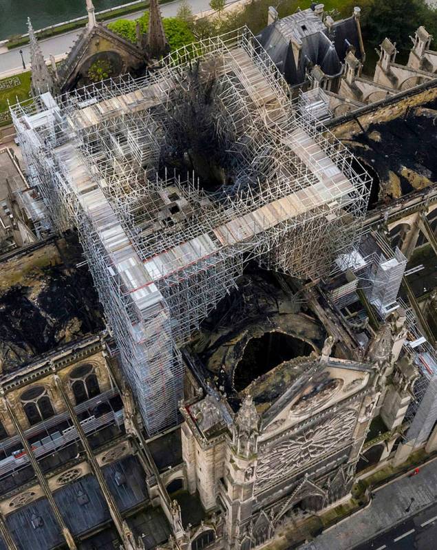 An aerial shot on Wednesday April 17, 2019, shows the fire damage to Notre Dame Cathedral in Pa ...