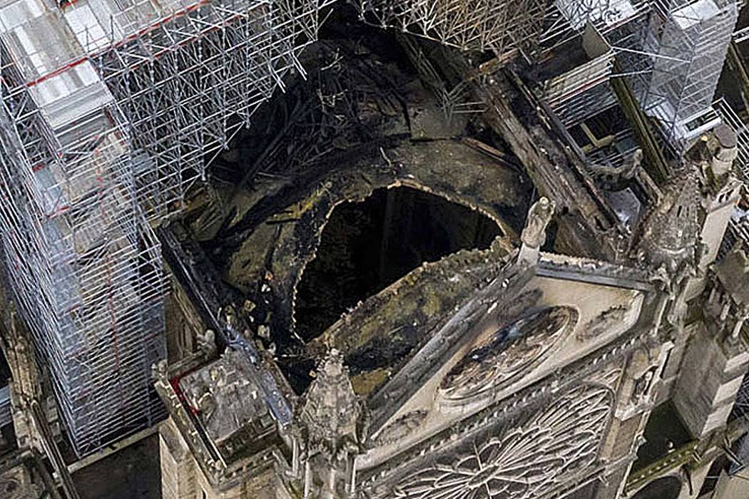 An aerial shot on Wednesday April 17, 2019, shows the fire damage to Notre Dame Cathedral in Pa ...