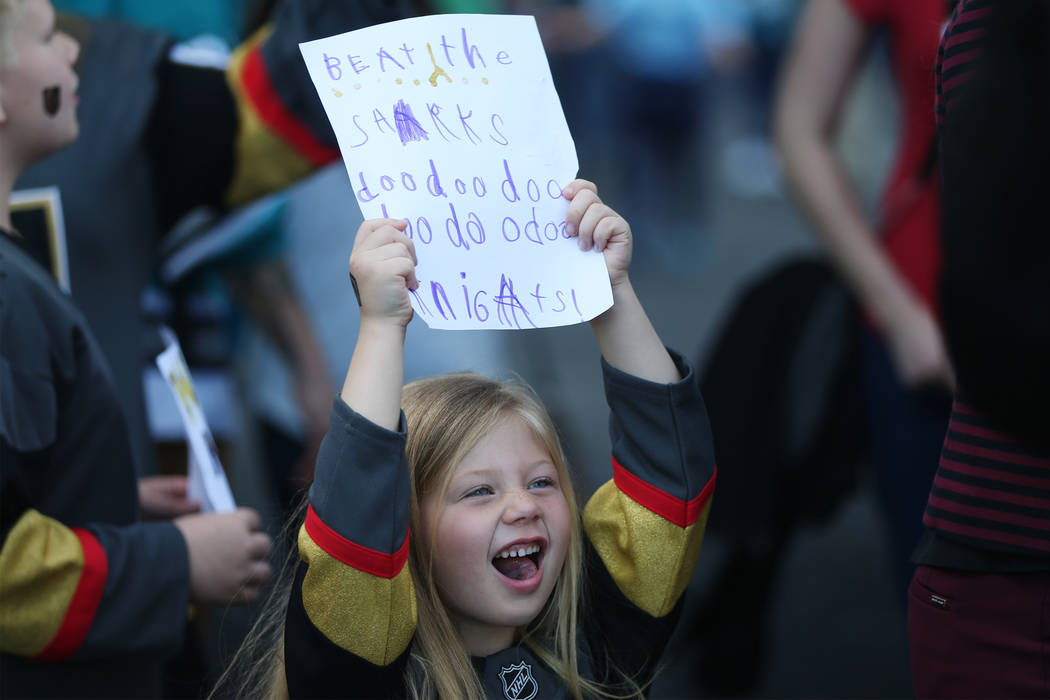 Sadie Guerin, 6, of Las Vegas, cheers before Game 5 of an NHL Western Conference quarterfinal s ...
