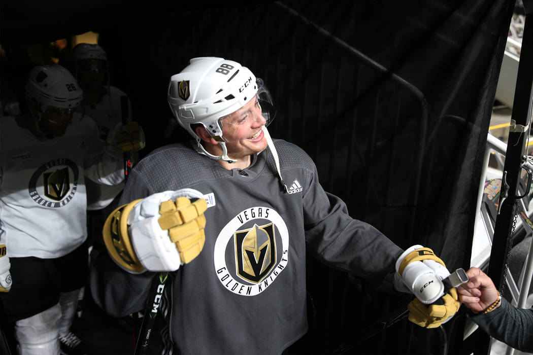 Vegas Golden Knights defenseman Nate Schmidt (88) makes his way to the ice for a team practice ...