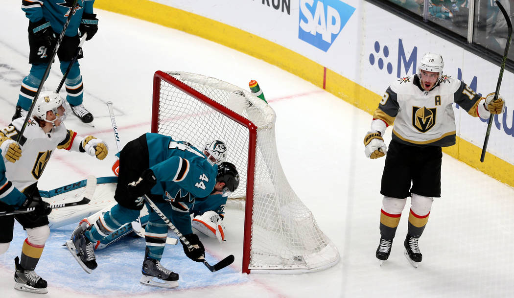 Vegas Golden Knights right wing Reilly Smith (19) celebrates a score against the San Jose Shark ...
