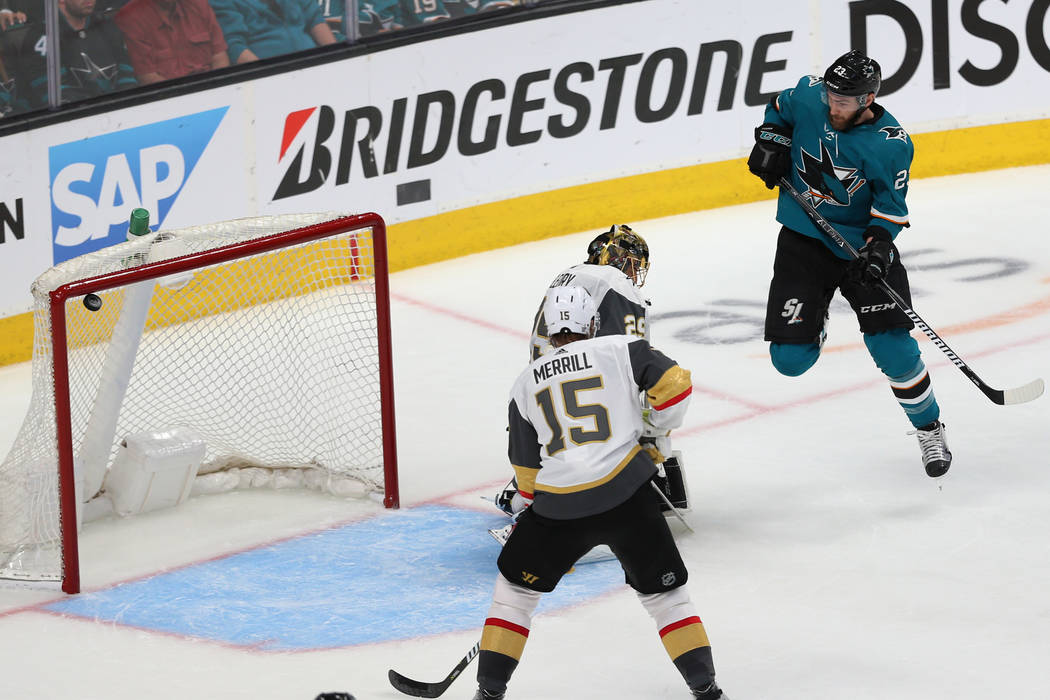 San Jose Sharks right wing Barclay Goodrow (23) shoots for a score against Vegas Golden Knights ...