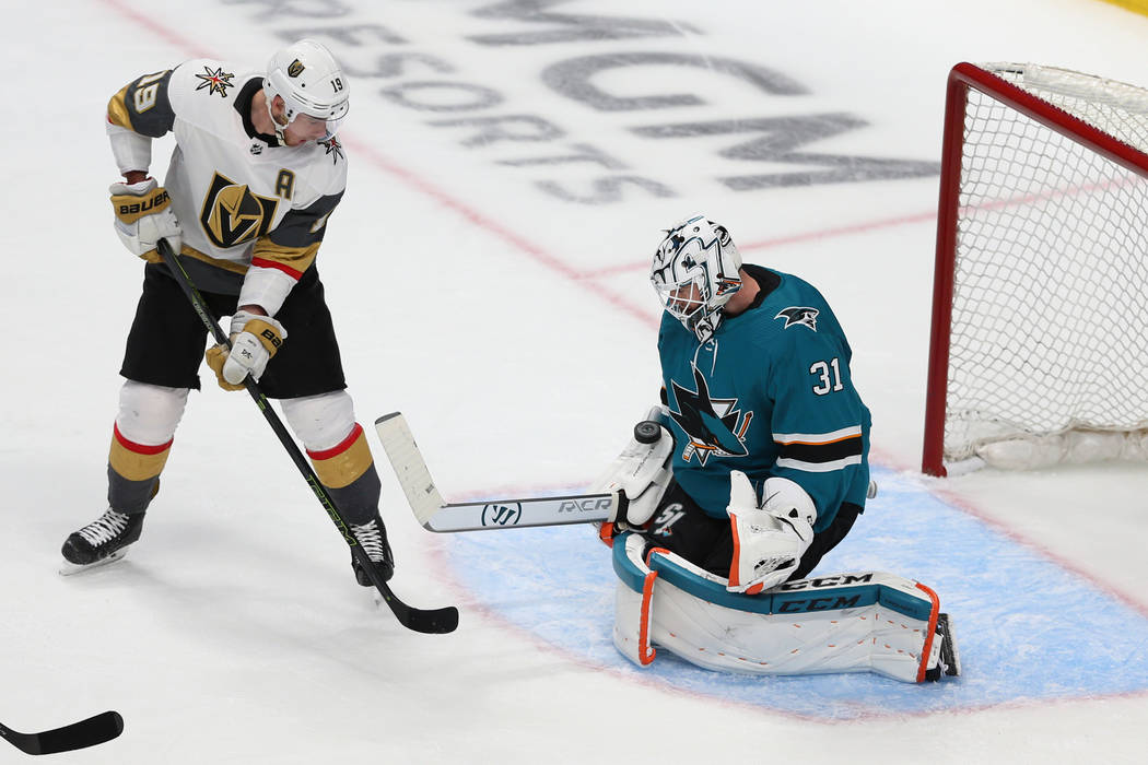 Vegas Golden Knights right wing Reilly Smith (19) looks to take a shot against San Jose Sharks ...