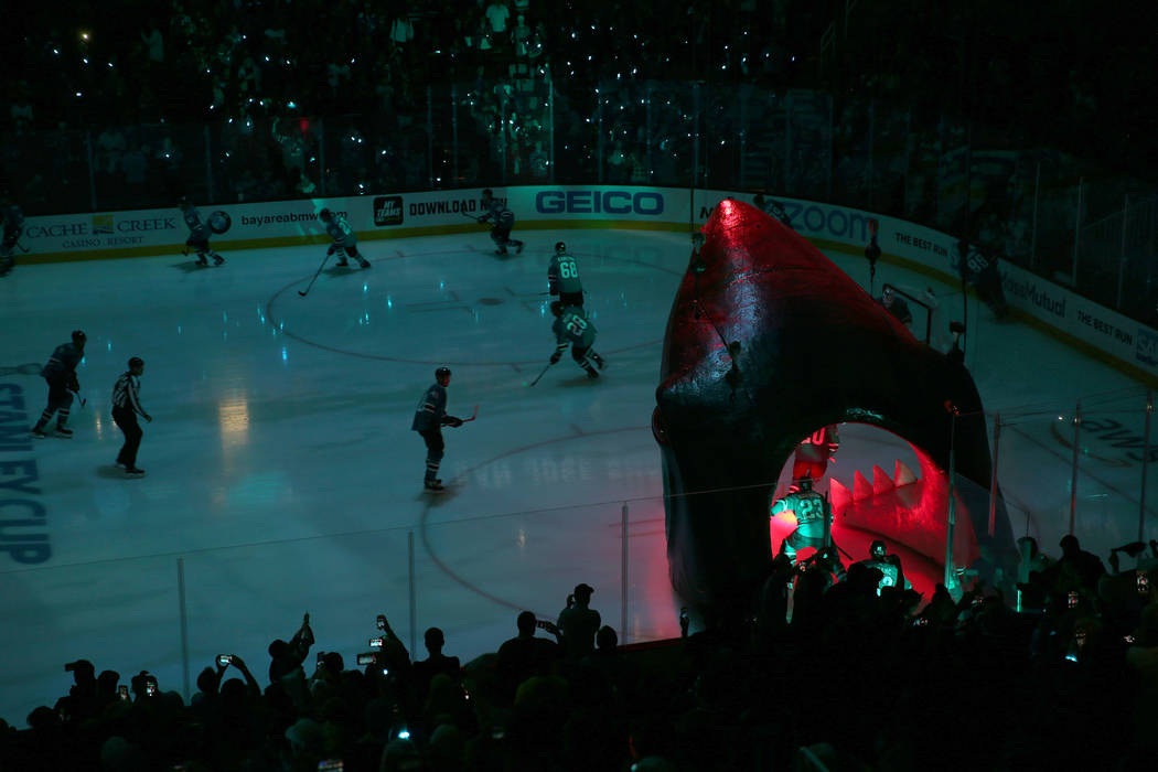 San Jose Sharks players take the ice for Game 5 of an NHL Western Conference quarterfinal serie ...
