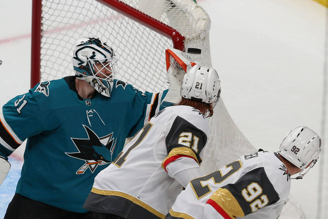 San Jose Sharks goaltender Martin Jones (31) makes a stop against the Vegas Golden Knights duri ...