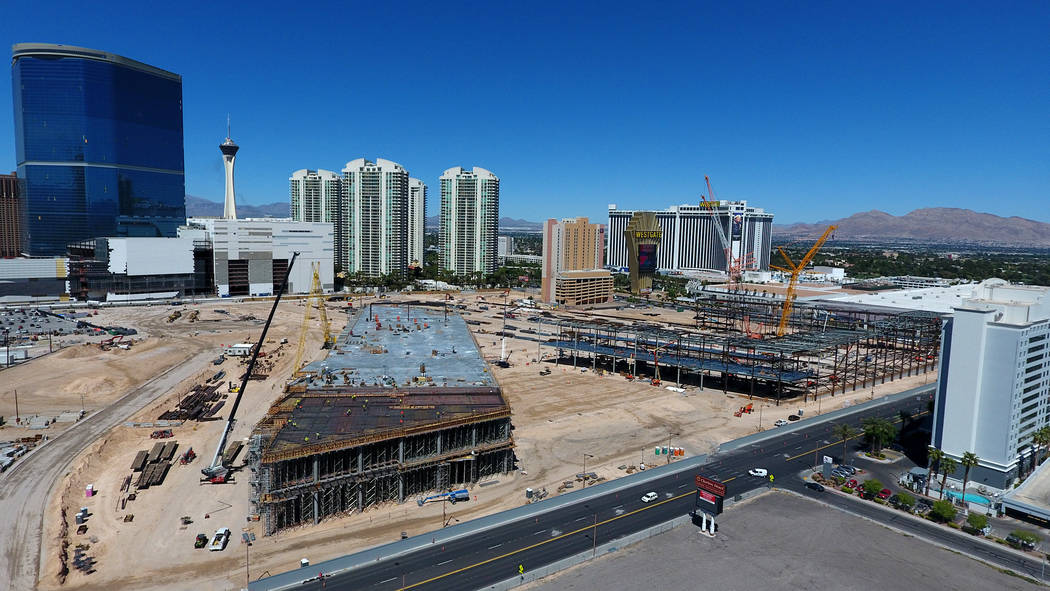 Aerial view of the Las Vegas Convention Center expansion on April 18, 2019. (Michael Quine/Las ...