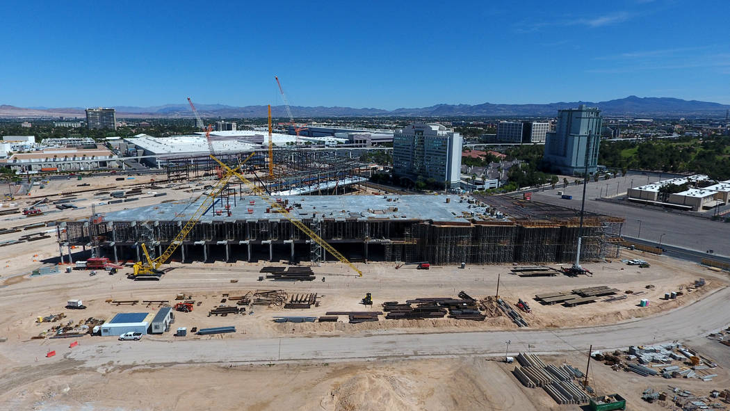 Aerial view of the Las Vegas Convention Center expansion on April 18, 2019. (Michael Quine/Las ...