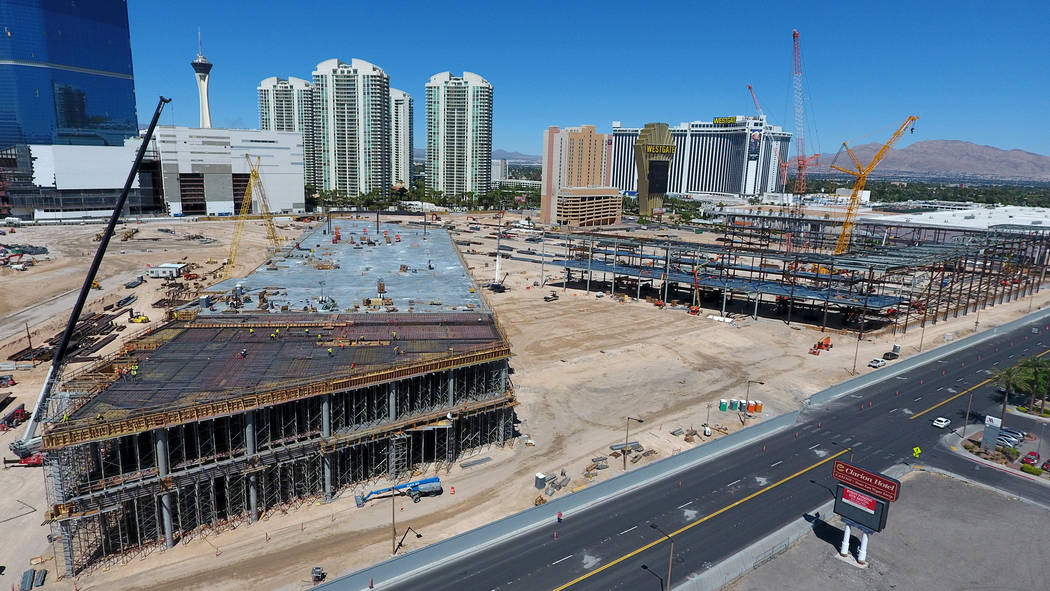 Aerial view of the Las Vegas Convention Center expansion on April 18, 2019. (Michael Quine/Las ...