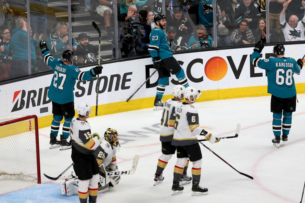 San Jose Sharks right wing Barclay Goodrow (23) celebrates a score against the Vegas Golden Kni ...