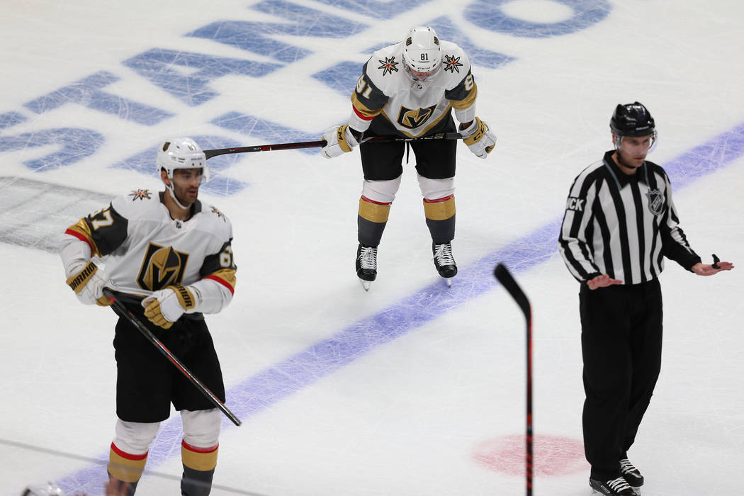Vegas Golden Knights left wing Max Pacioretty (67) and center Jonathan Marchessault (81) rant a ...