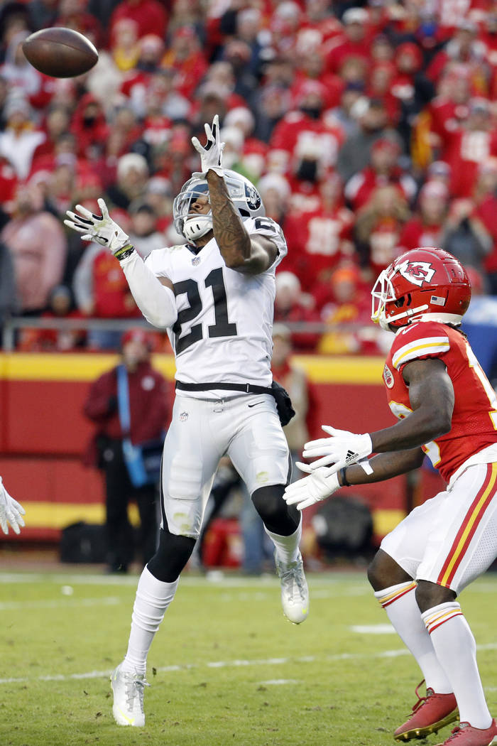 Oakland Raiders cornerback Gareon Conley (21) intercepts a pass intended for Kansas City Chiefs ...