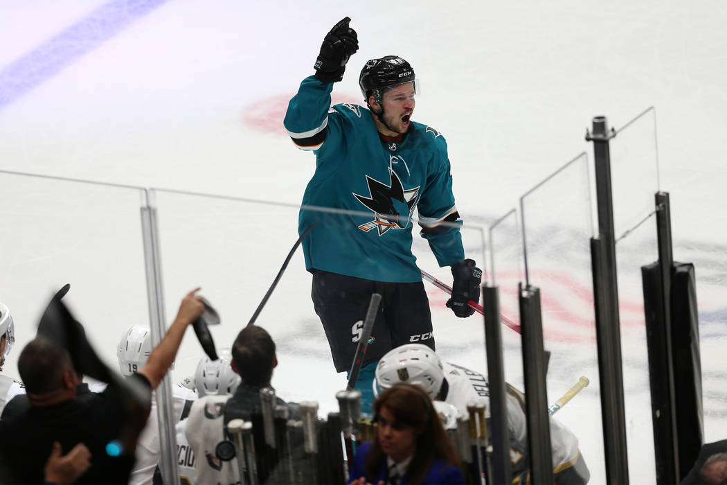 San Jose Sharks center Tomas Hertl (48) celebrates a score during the third period of Game 5 of ...