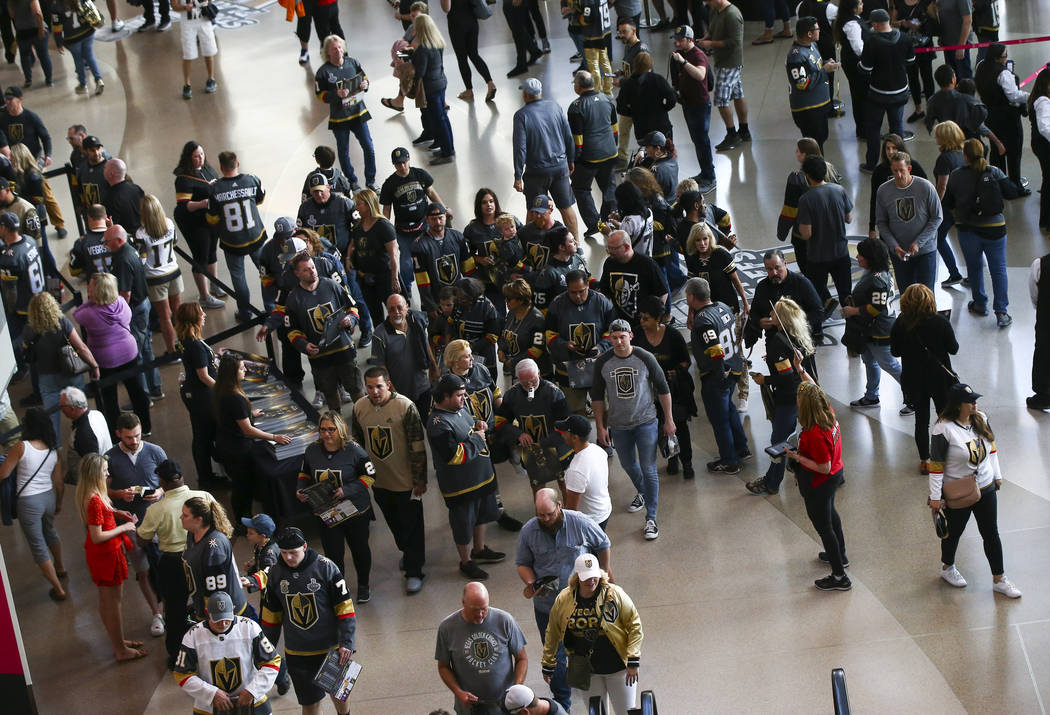 Golden Knights fans arrive before the start of Game 6 of an NHL Western Conference quarterfinal ...