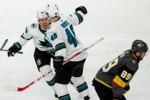 San Jose Sharks center Logan Couture (39) celebrates the winning goal by San Jose Sharks center ...