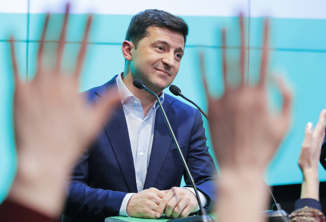 Ukrainian comedian and presidential candidate Volodymyr Zelenski speaks to his supporters at hi ...