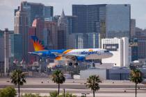 An Allegiant Air flight prepares to land at McCarran International Airport in Las Vegas on Mond ...