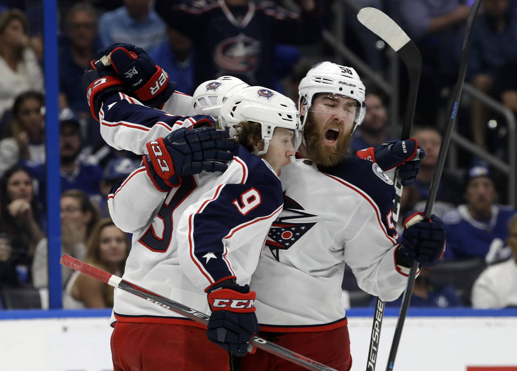 Columbus Blue Jackets left wing Artemi Panarin (9) celebrates his goal against the Tampa Bay Li ...