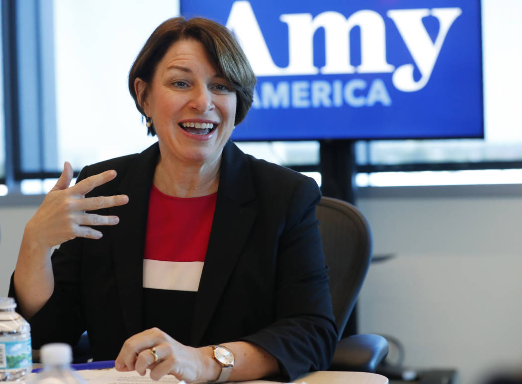 Democratic presidential candidate Amy Klobuchar speaks during a roundtable discussion on health ...