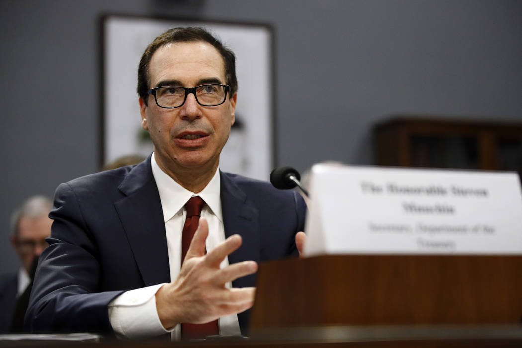 This April 9, 2019, file photo shows Treasury Secretary Steven Mnuchin testifying before a Hou ...