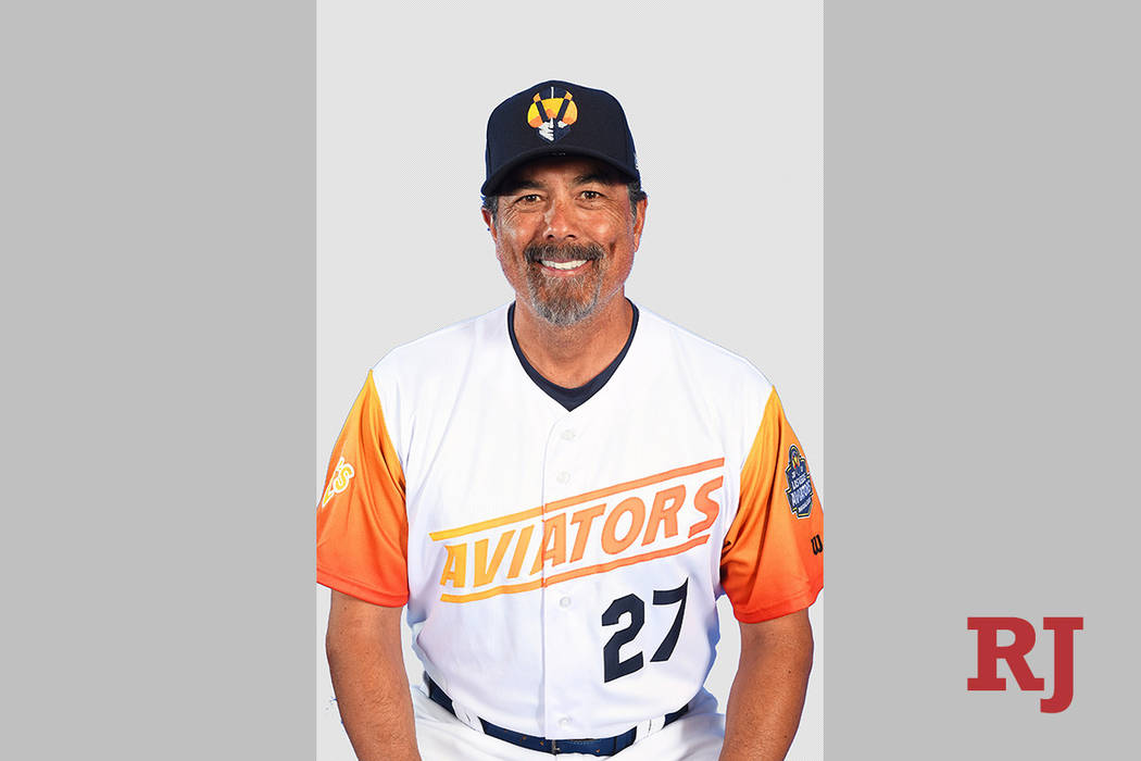 Las Vegas Aviators pitching coach Rick Rodriguez (27) pictured on media day at Las Vegas Ballpa ...