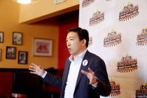 Democratic presidential candidate Andrew Yang addresses a room of parents of the black Arbor Vi ...