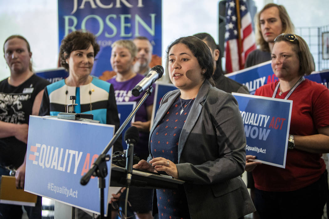 Human Rights Campaign Nevada State Director Briana Escamilla speaks at a HRC event for the Equa ...