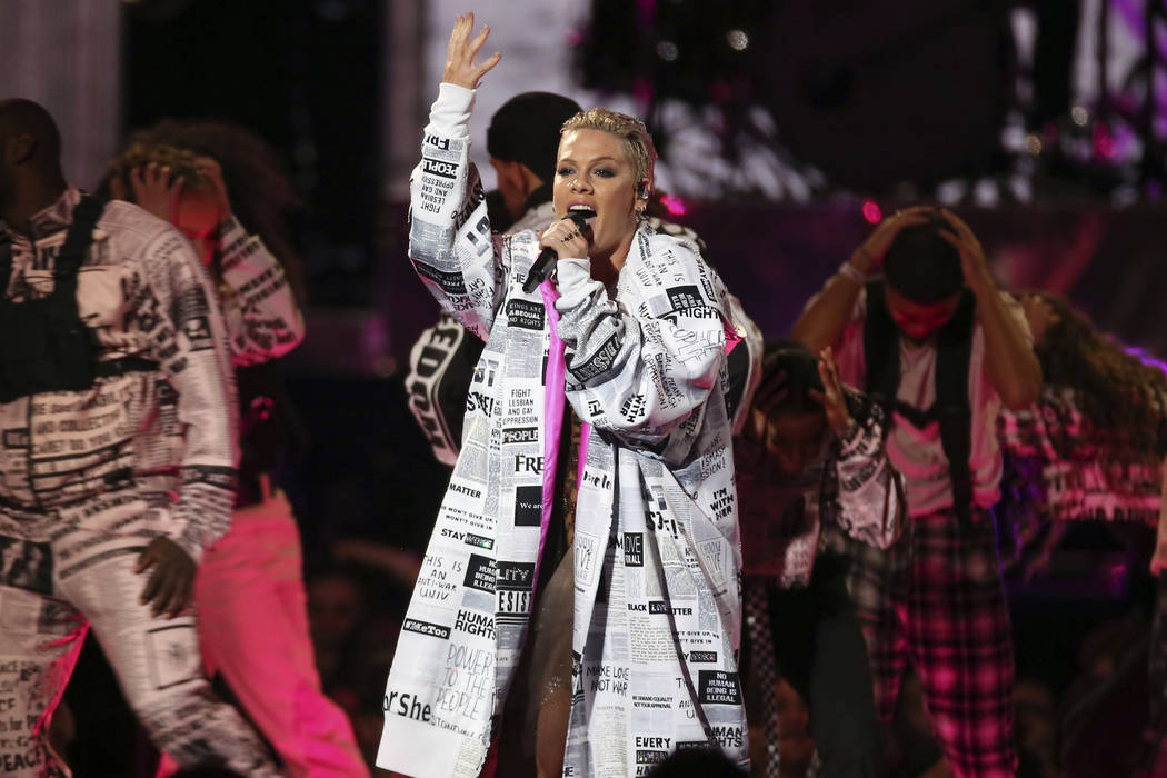 Pink performs onstage at the Brit Awards in London, Wednesday, Feb. 20, 2019. (Photo by Joel C ...