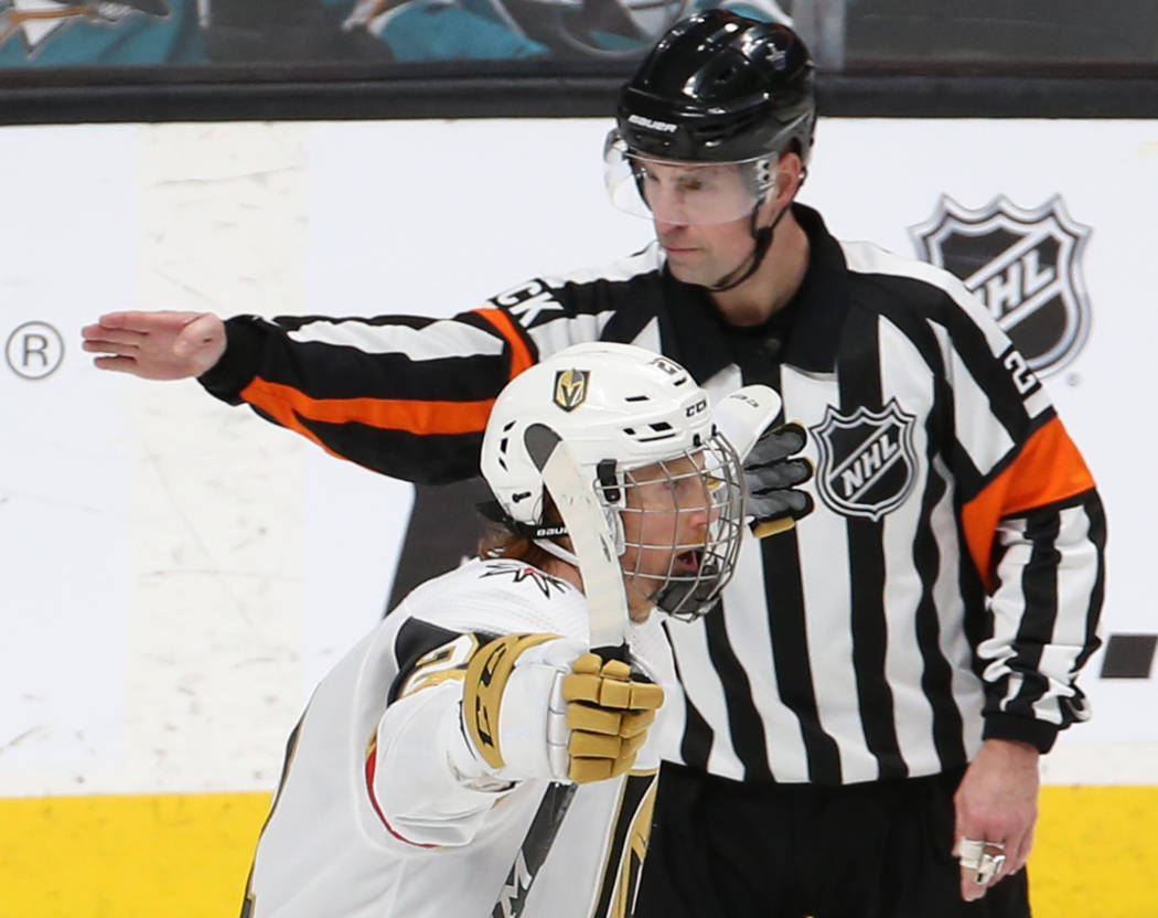 Knights center Cody Eakin (21) celebrates after scoring a second period goal during game 7 of t ...