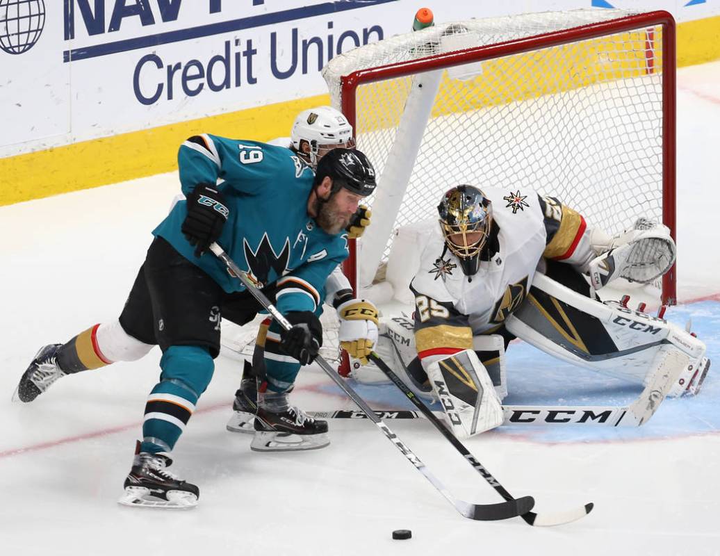 Golden Knights goaltender Marc-Andre Fleury (29) makes a save against San Jose Sharks center Jo ...