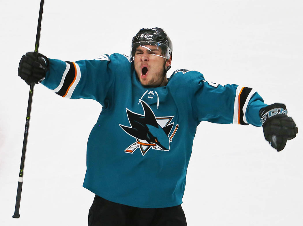 Sharks right wing Timo Meier (28) celebrates after the Sharks scored a goal in the third period ...