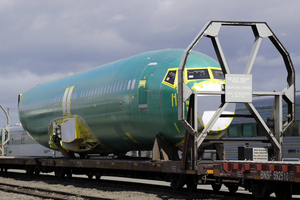 FILE - In this April 9, 2019, file photo a Boeing 737 fuselage, eventually bound for Boeing's p ...