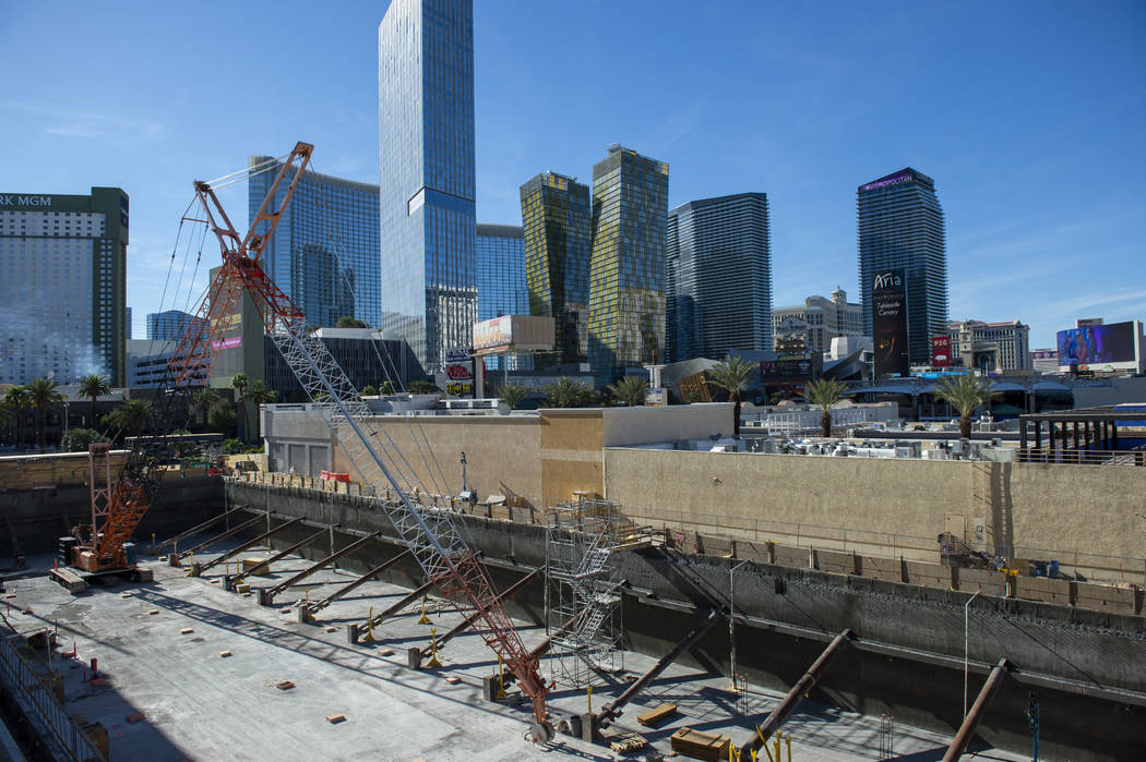 A vacant lot sits next to the Cable center shops on the Las Vegas Strip, Wednesday, April 17, 2 ...