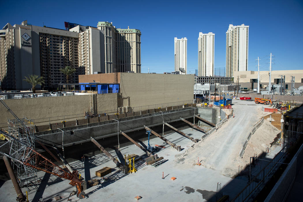 A vacant lot sits next to the Cable center shops on the Las Vegas Strip, Wednesday, April 17, 2 ...