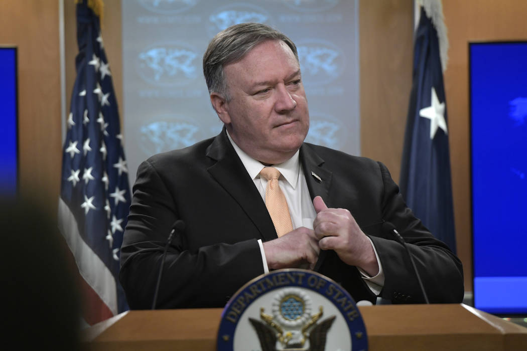 Secretary of State Mike Pompeo speaks during a news conference on Monday, April 22, 2019, at th ...