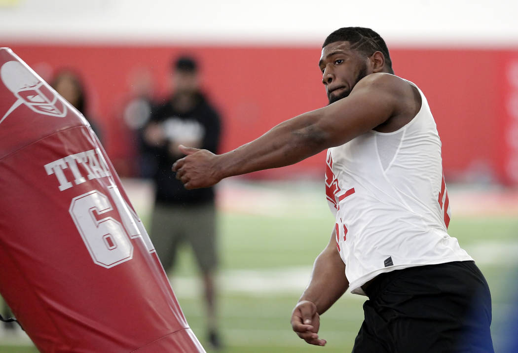 Houston defensive lineman Ed Oliver Jr. participates in drills during Pro Day at the indoor foo ...