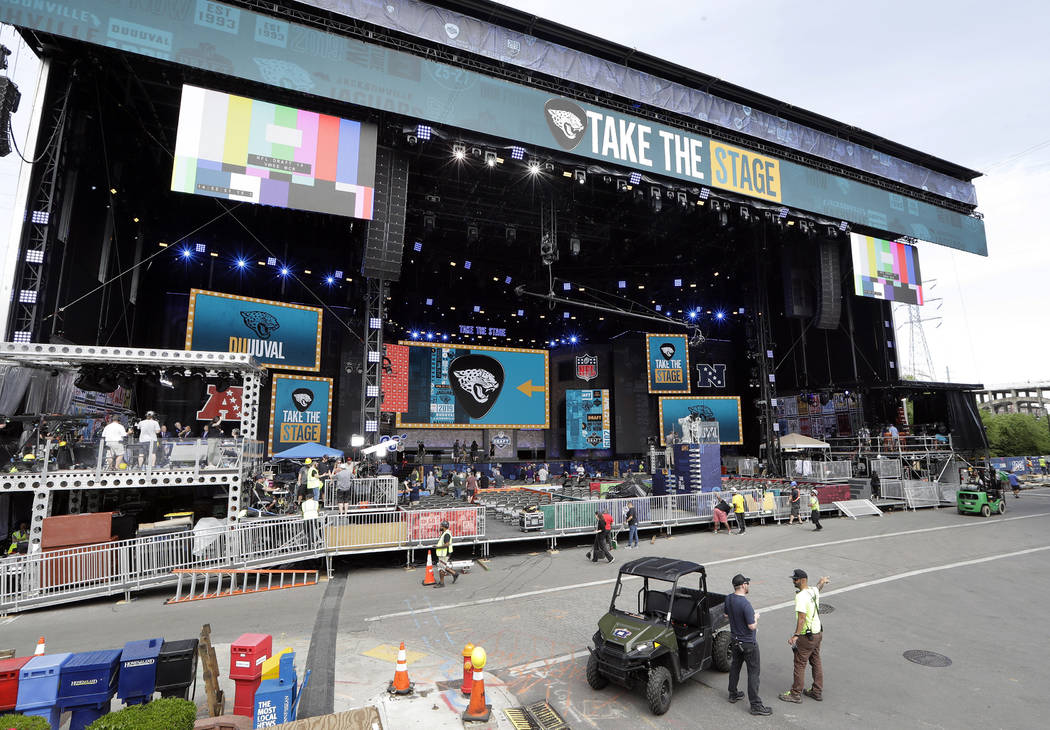 Work continues on the NFL Draft stage Tuesday, April 23, 2019, in Nashville, Tenn. The NFL Draf ...