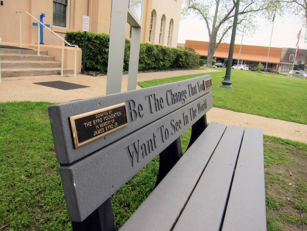 This April 12, 2019, photo shows a bench donated by a foundation started by the family of James ...